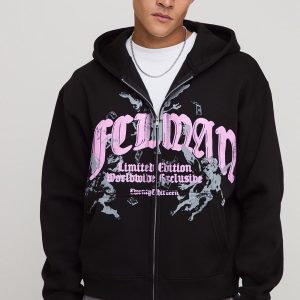 Black Oversized Boxy Zip Through Ofcl Man Printed Hoodie