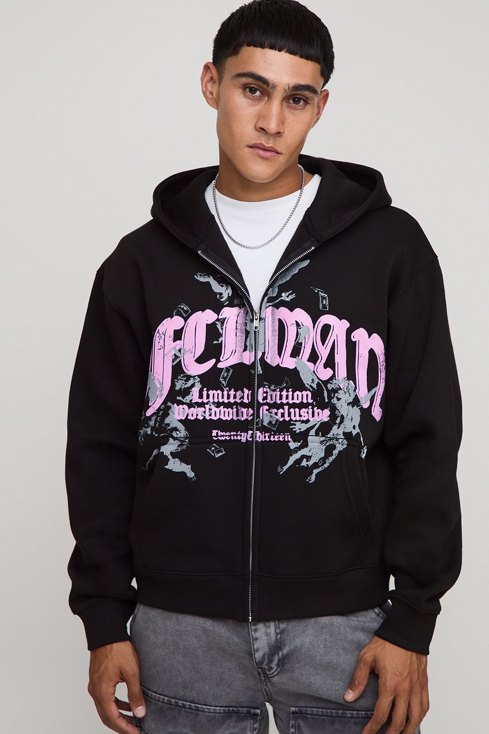Black Oversized Boxy Zip Through Ofcl Man Printed Hoodie