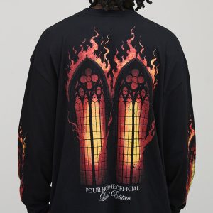 Tall Oversized Extended Neck Gothic Flame Print Long-sleeve T-Shirt
