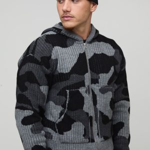 Boxy Fit Ribbed Camo Jacquard Knitted Zip Through Hoodie