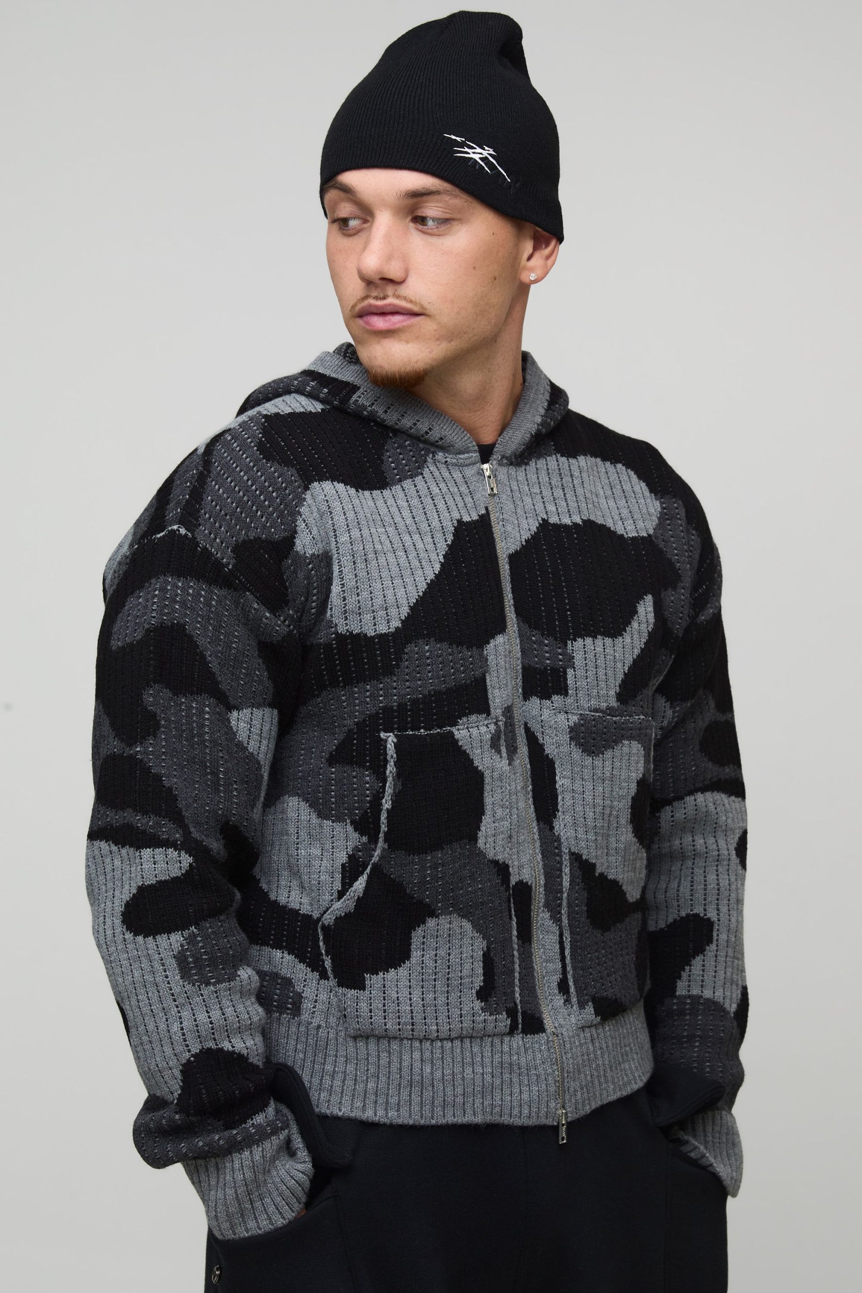 Boxy Fit Ribbed Camo Jacquard Knitted Zip Through Hoodie