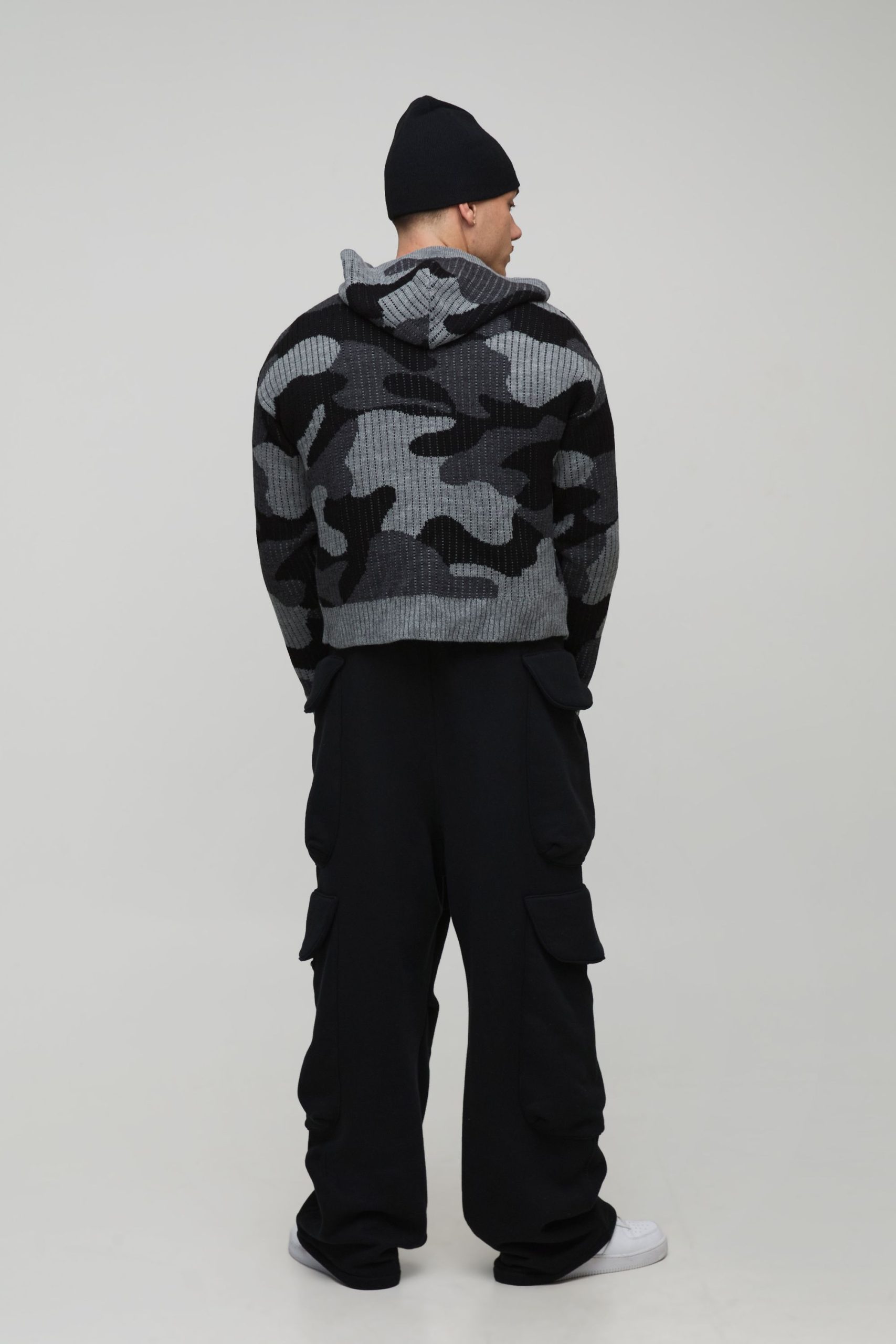 Boxy Fit Ribbed Camo Jacquard Knitted Zip Through Hoodie - Image 2
