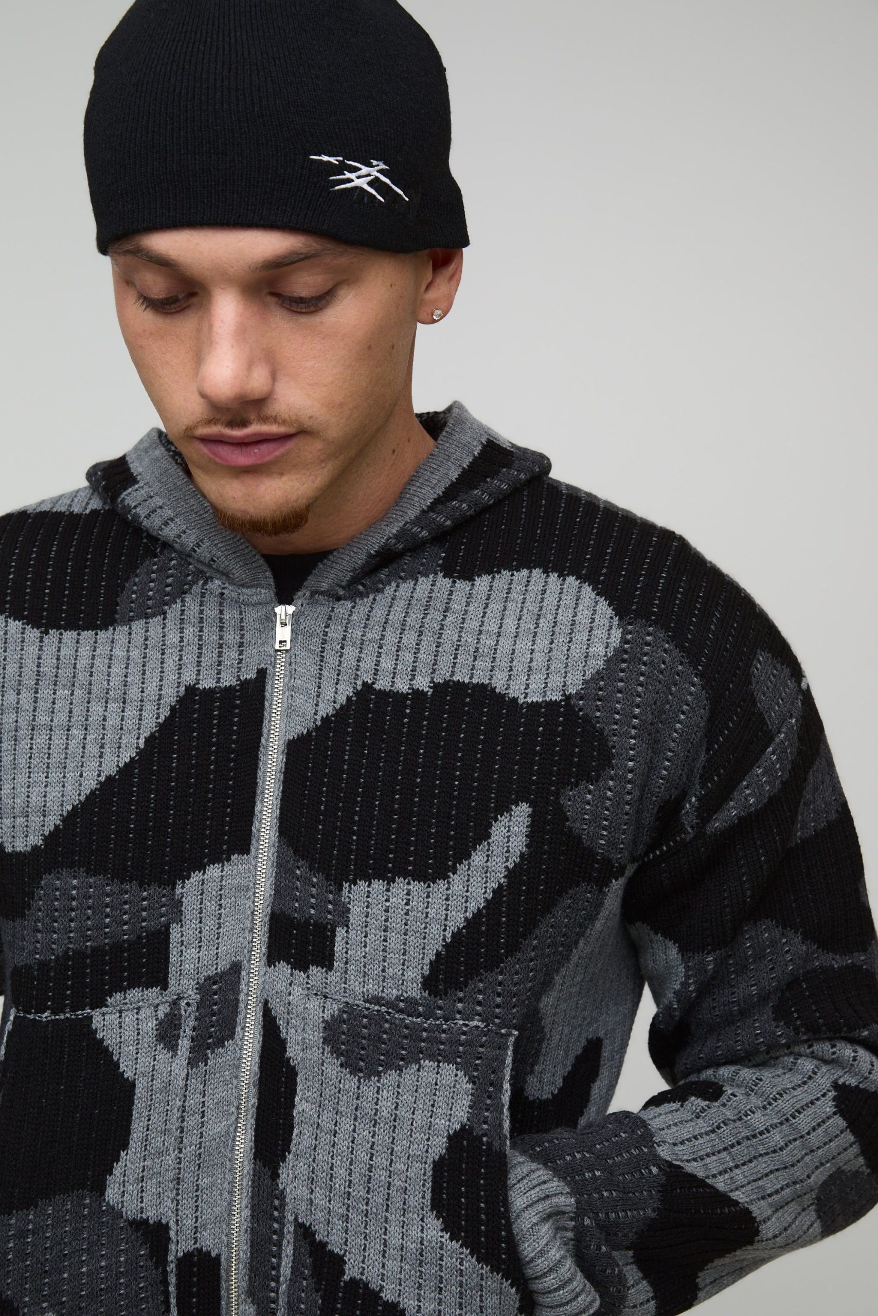 Boxy Fit Ribbed Camo Jacquard Knitted Zip Through Hoodie - Image 3