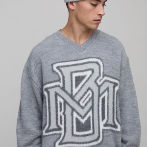 Oversized Boxy Varsity Brushed Knitted Jumper