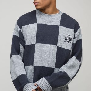 Oversized Boxy Distressed Embroidered Checkerboard Jumper