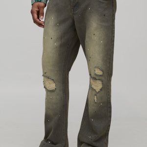 Slim Flared Knee Rip and Repair Paint Splatter Jeans