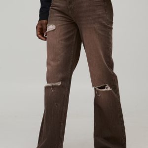 Straight Flared Knee Ripped Washed Denim Jeans