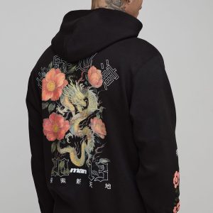 Tall Regular Fit Man Script Dragon Blossom Print Hoodie