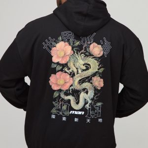 Plus Regular Fit Man Script Dragon Blossom Print Hoodie