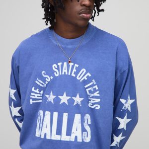 Oversized Shrunken Boxy Dallas Star Raw Hem Long Sleeve Washed T-Shirt