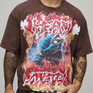 Oversized Shrunken Acid Wash Heavy Metal Graphic Distressed T-Shirt