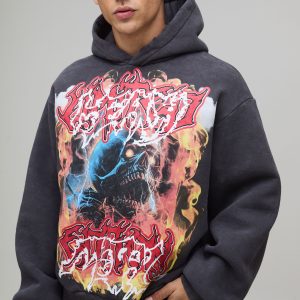 Oversized Boxy Acid Wash Heavy Metal Graphic Distressed Hoodie