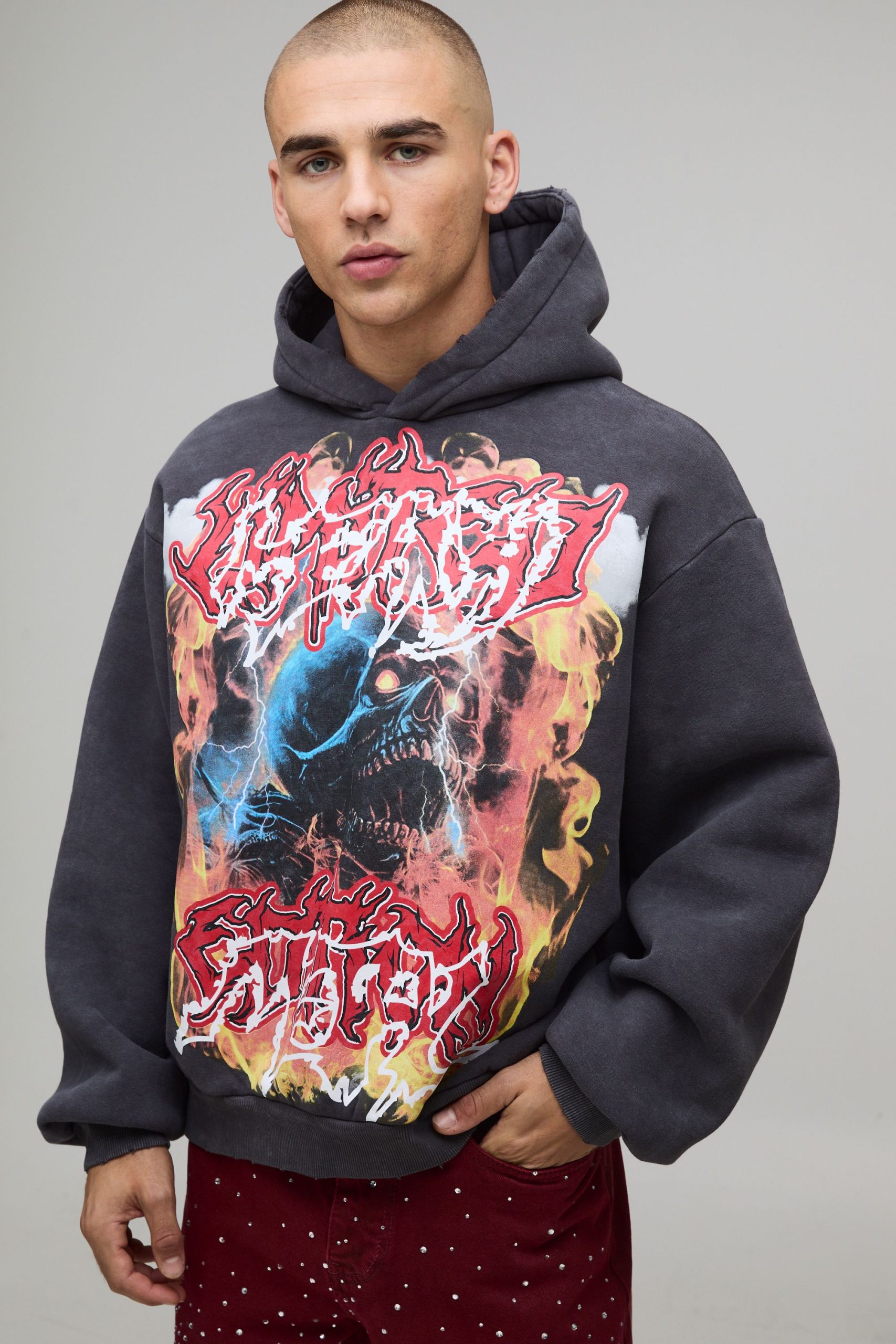 Oversized Boxy Acid Wash Heavy Metal Graphic Distressed Hoodie