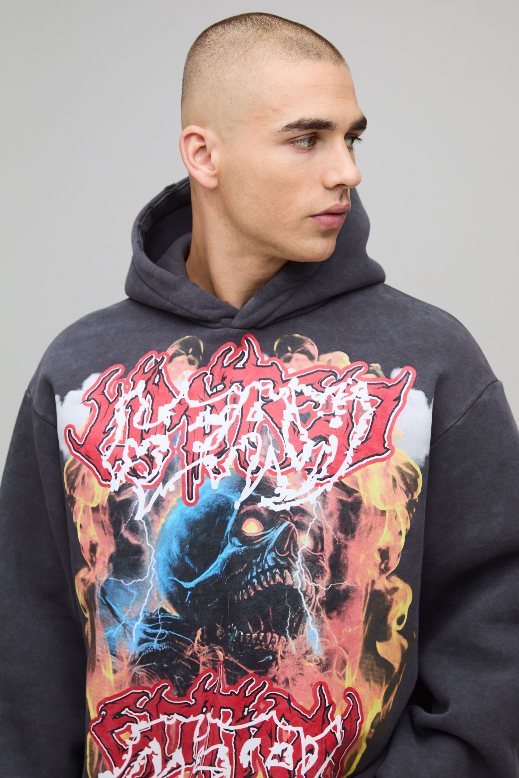 Oversized Boxy Acid Wash Heavy Metal Graphic Distressed Hoodie - Image 3