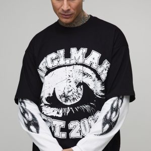 Tall Oversized Faux Layer Ofcl Man Varsity Printed Long Sleeve T-Shirt
