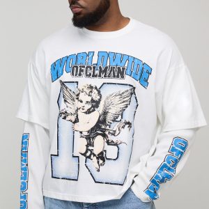 Plus Oversized Boxy Worldwide Varsity Waffle Faux Layer Long Sleeve T-Shirt