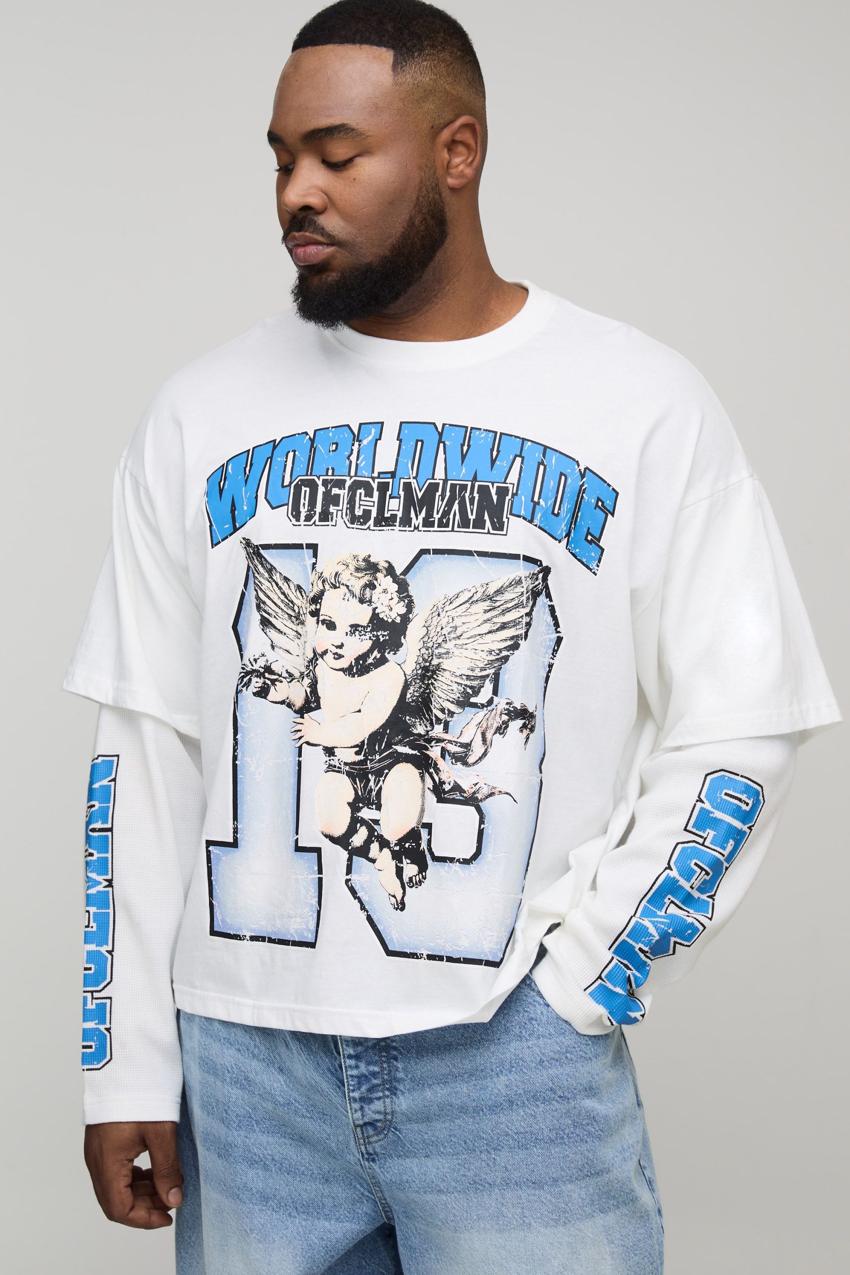 Plus Oversized Boxy Worldwide Varsity Waffle Faux Layer Long Sleeve T-Shirt