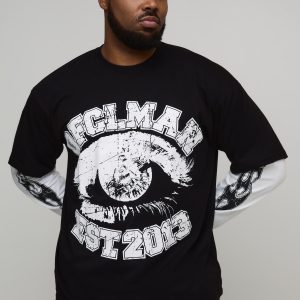 Plus Oversized Faux Layer Ofcl Man Varsity Printed Long Sleeve T-Shirt
