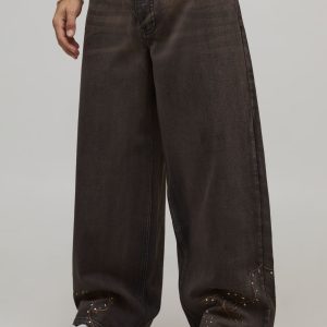 Baggy Fit Studded Western Embroidered Hem Jeans