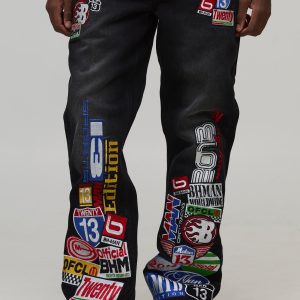 Straight Flared Applique Badge Varsity Jeans