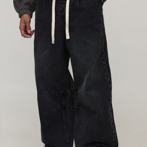 Barrel Fit Pleat Front Jeans With Drawcords