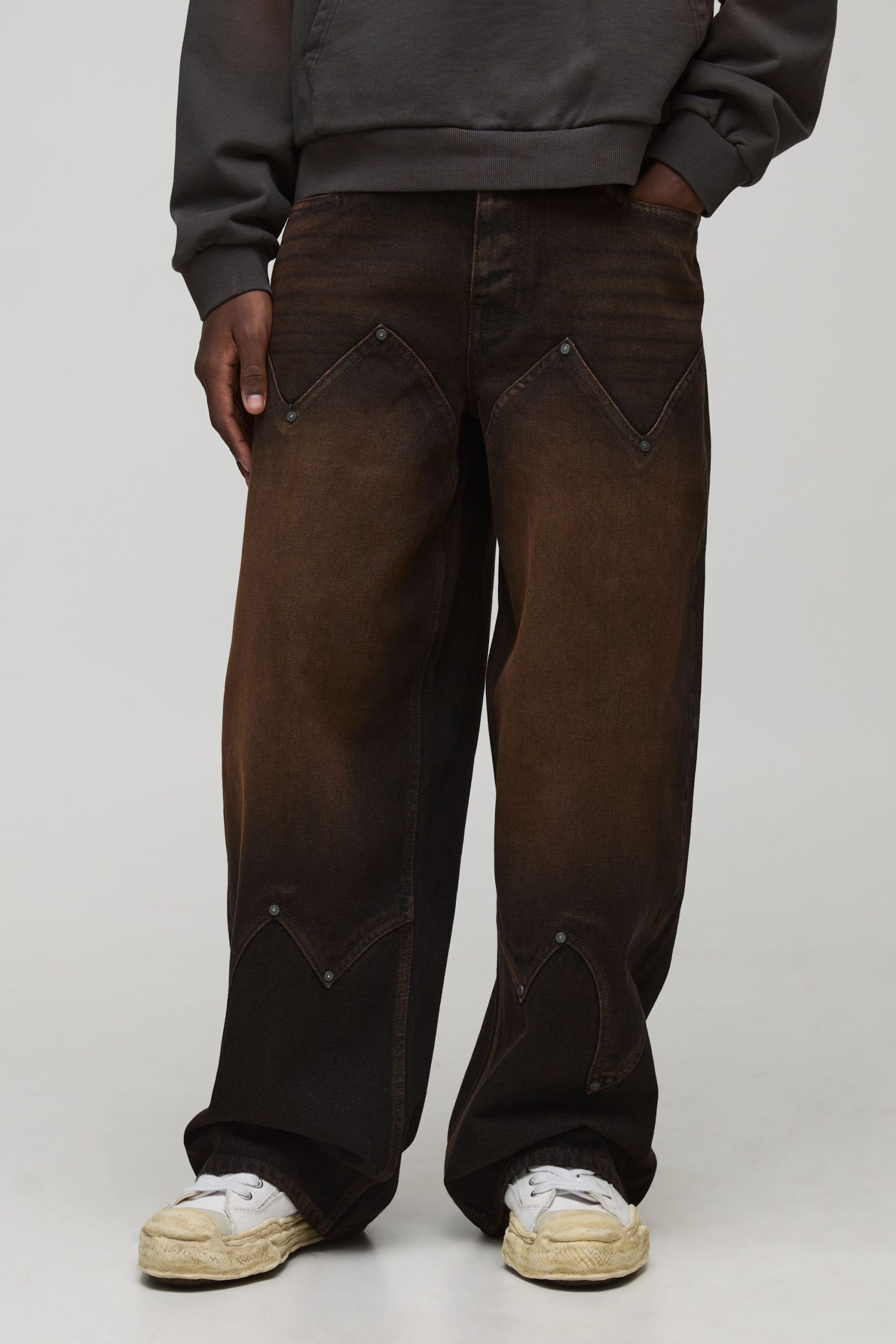 Baggy Fit Washed Western Panel Jeans