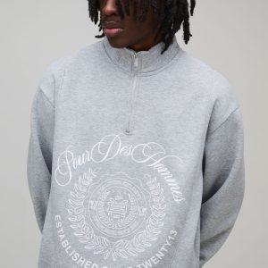 Oversized Boxy Collegiate Varsity Funnel Neck Quarter Zip Sweatshirt
