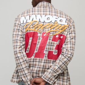 Oversized Moto Print Checked Long Sleeve Shirt