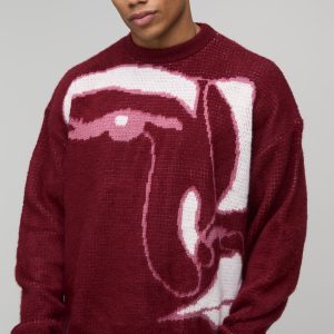 Oversized Boxy Brushed Abstract Face Knitted Jumper