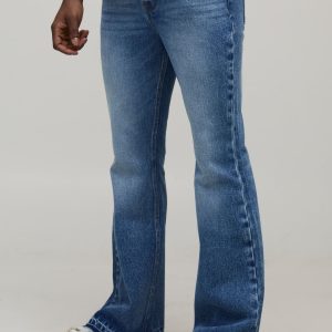 Stonewash Stepped Raw Hem Flared Jeans