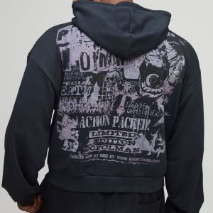 Plus Shrunken Zip Through Star Grunge Distressed Printed Washed Hoodie