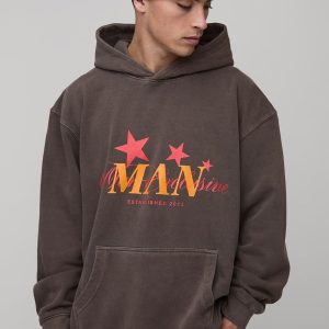 Washed Chocolate Oversized Man Star Printed Hoodie