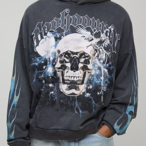 Black Oversized Premium BHM Skull Acid Wash Printed Hoodie