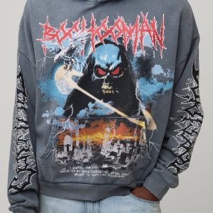 Charcoal Oversized Premium BHM Gothic Acid Wash Printed Hoodie