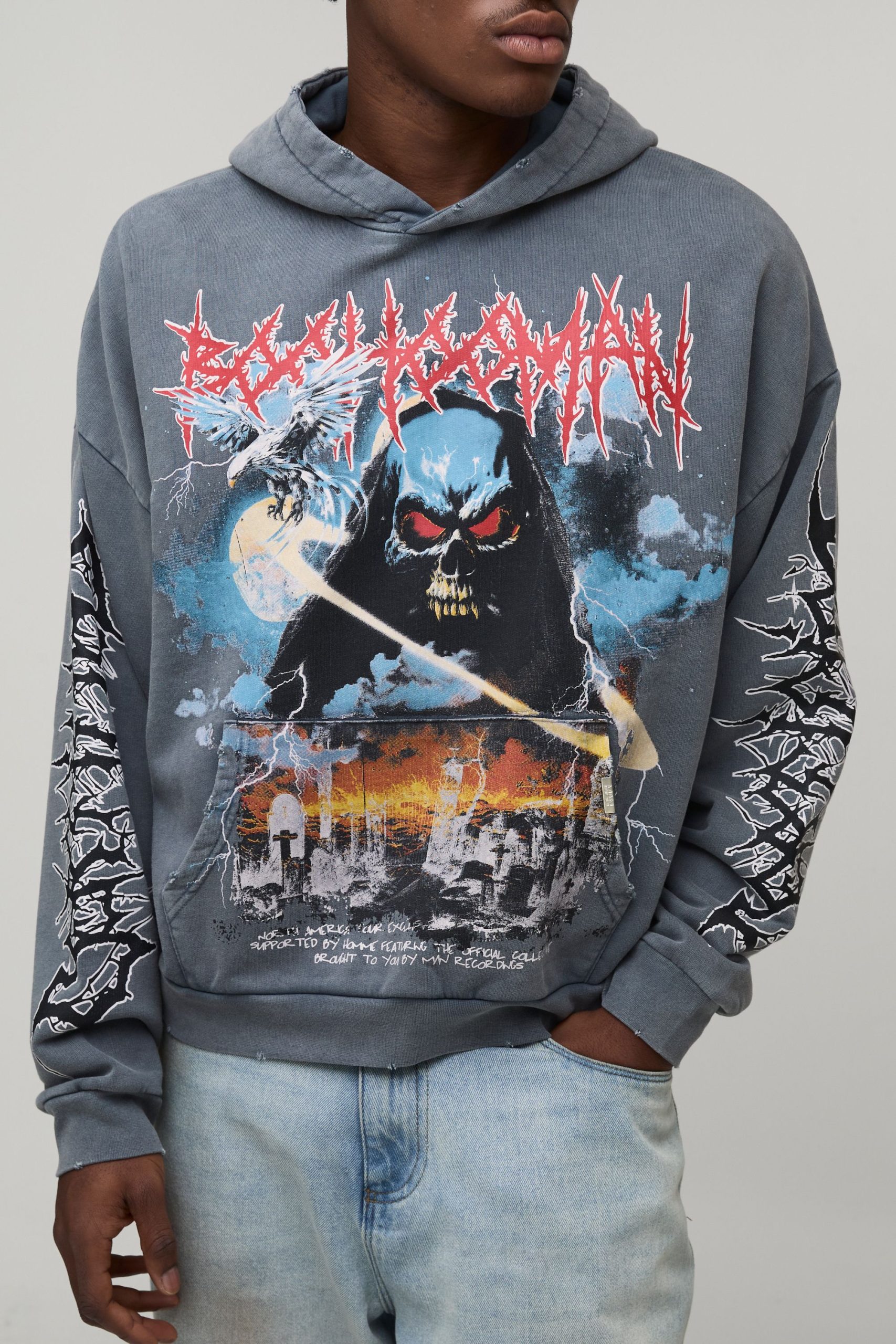 Charcoal Oversized Premium BHM Gothic Acid Wash Printed Hoodie