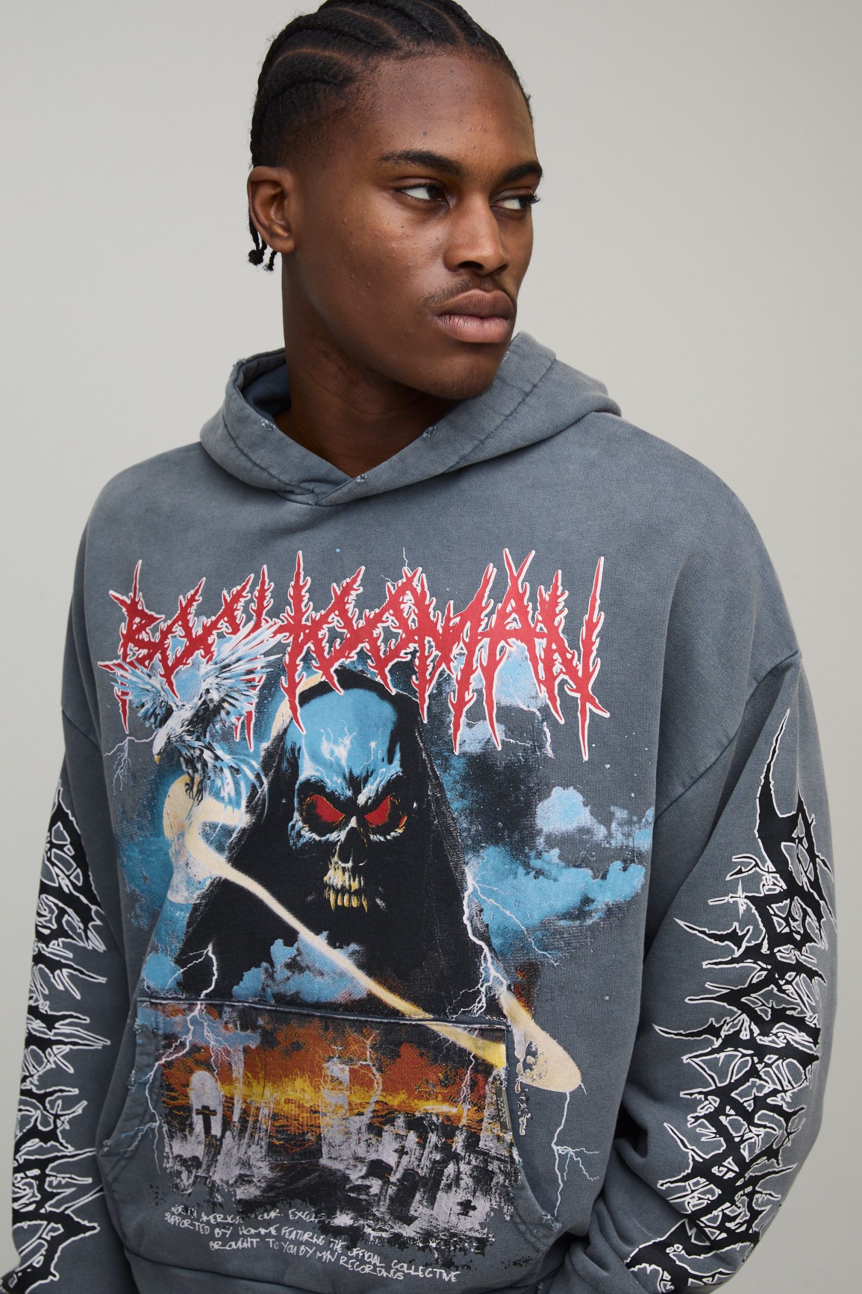Charcoal Oversized Premium BHM Gothic Acid Wash Printed Hoodie - Image 3