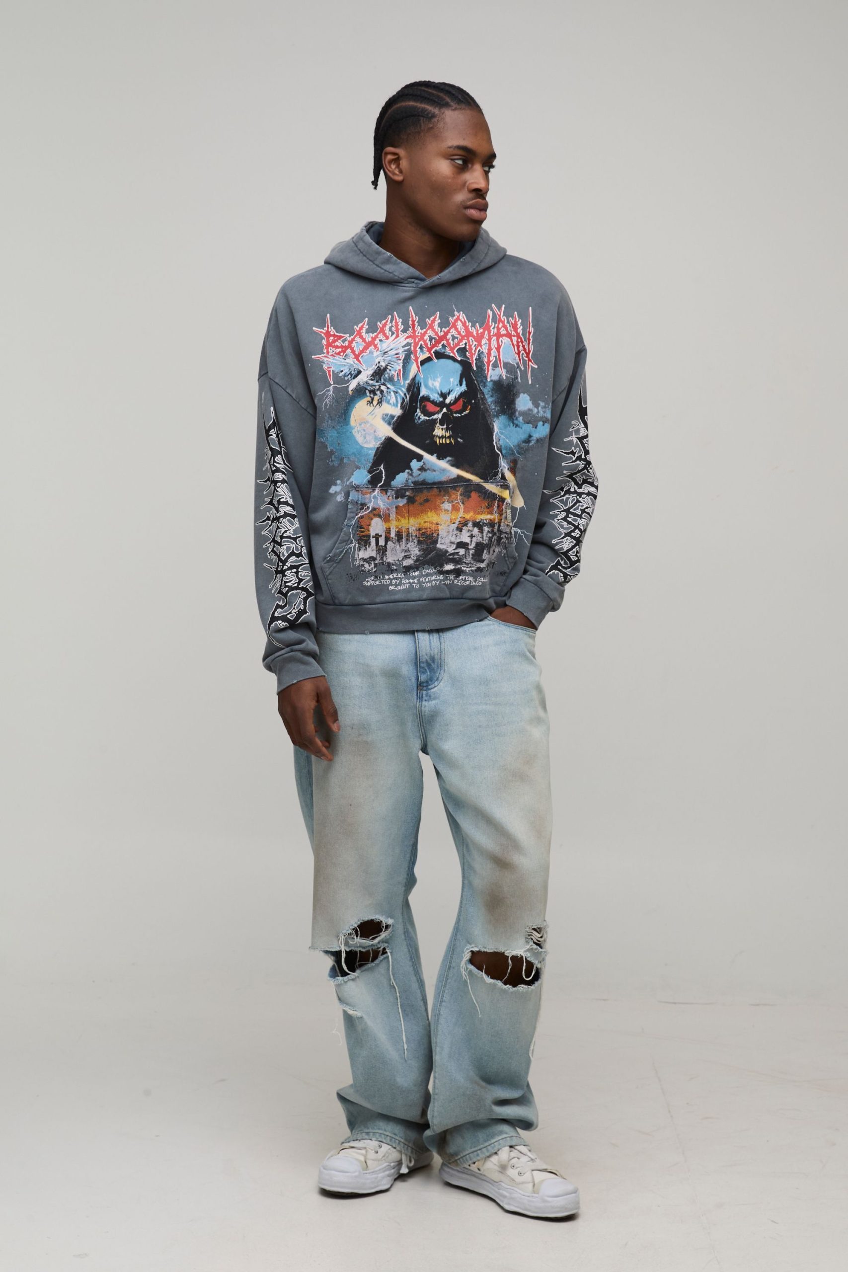 Charcoal Oversized Premium BHM Gothic Acid Wash Printed Hoodie - Image 4