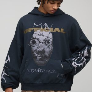Black Oversized Premium Official Skull Washed Printed Hoodie