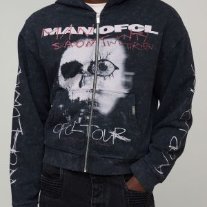 Black Oversized Boxy Premium Man Ofcl Skull Acid Wash Printed Zip Through Hoodie