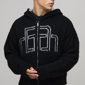 Boxy Fit Fluffy Branded Zip Thru Knitted Hoodie