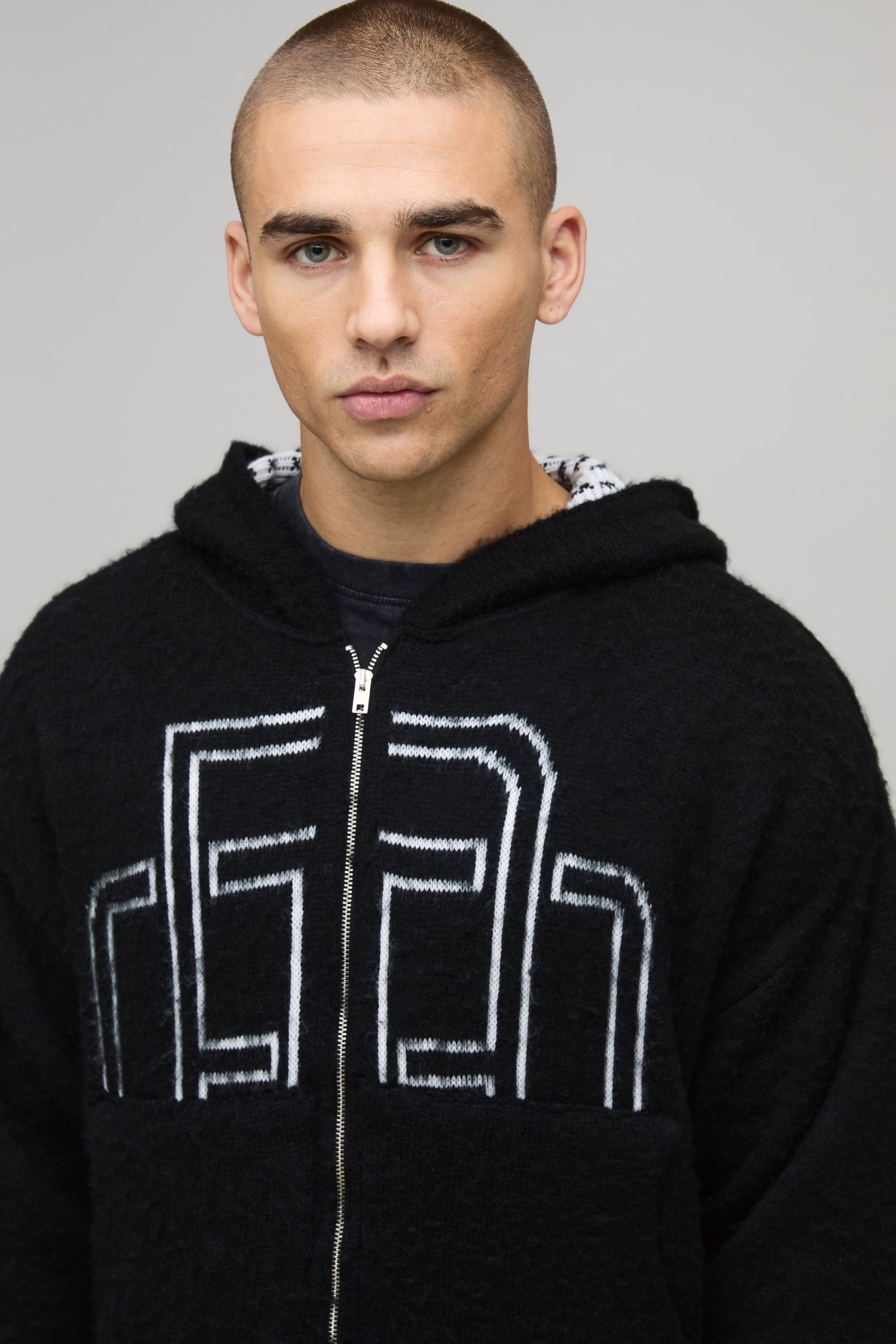 Boxy Fit Fluffy Branded Zip Thru Knitted Hoodie - Image 3