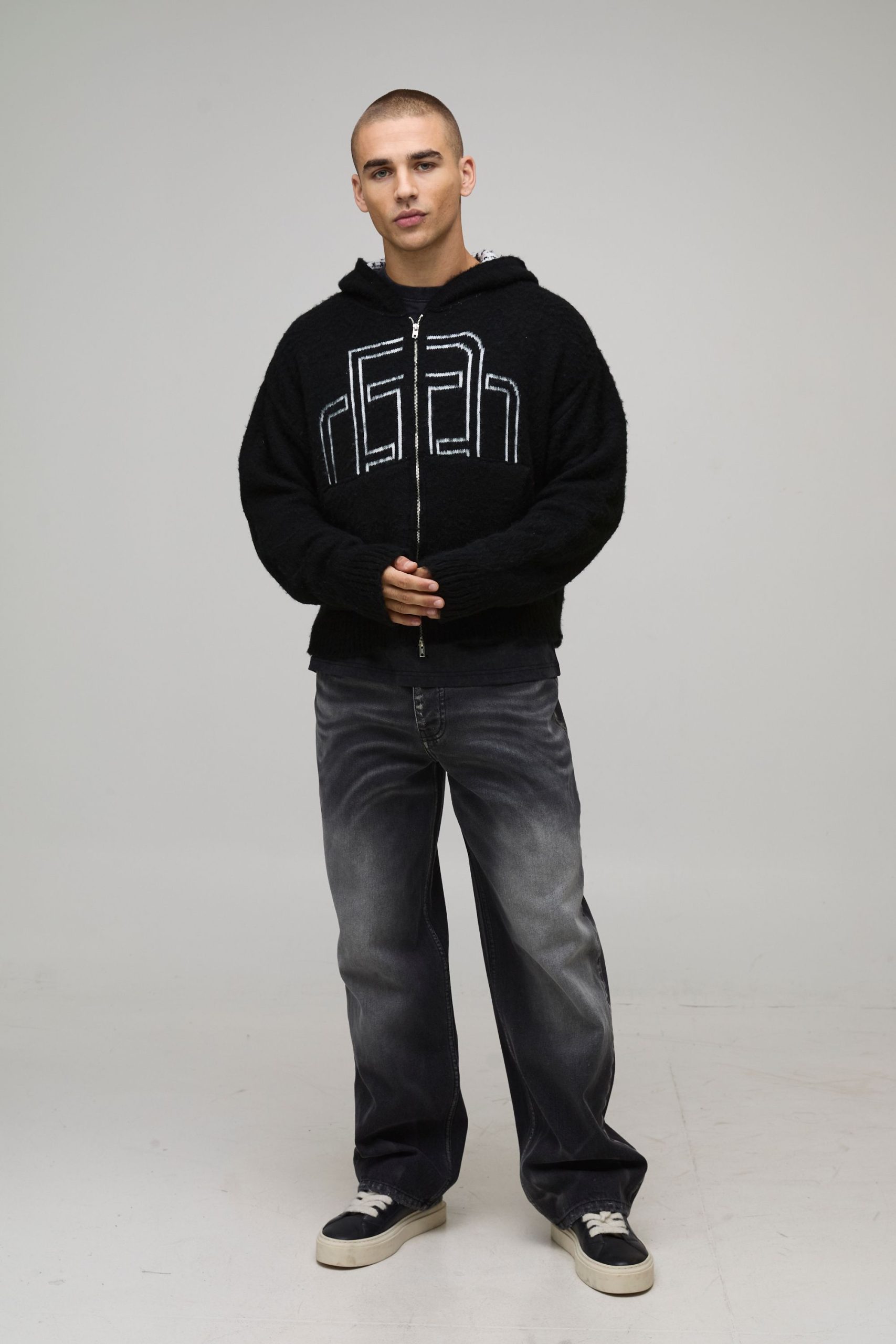 Boxy Fit Fluffy Branded Zip Thru Knitted Hoodie - Image 4