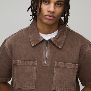 Boxy Fit Tinted Washed 1/4 Zip Denim Shirt