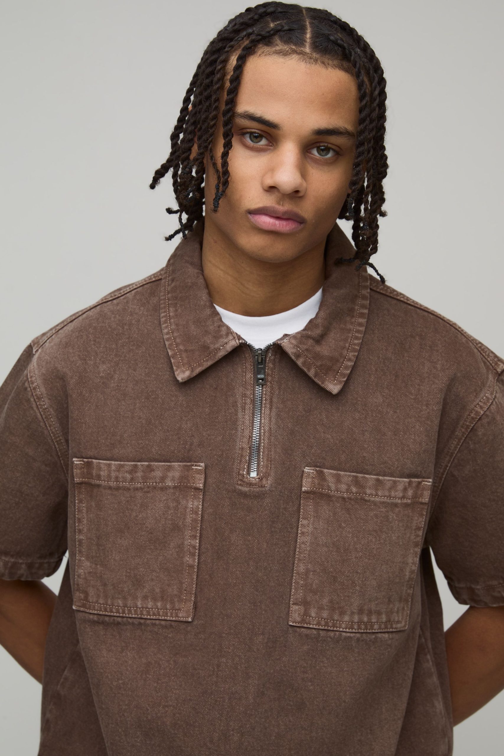 Boxy Fit Tinted Washed 1/4 Zip Denim Shirt