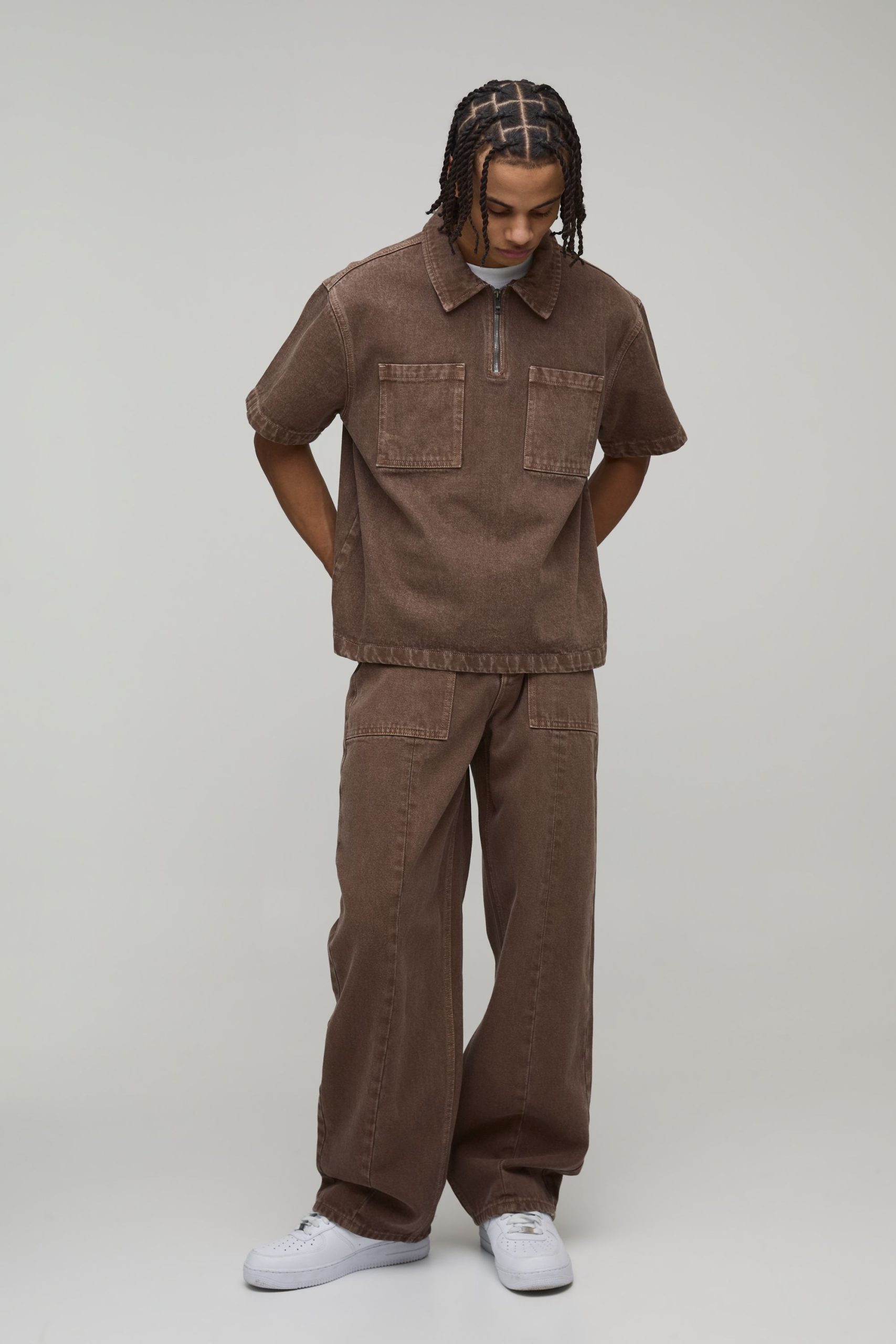 Boxy Fit Tinted Washed 1/4 Zip Denim Shirt - Image 2