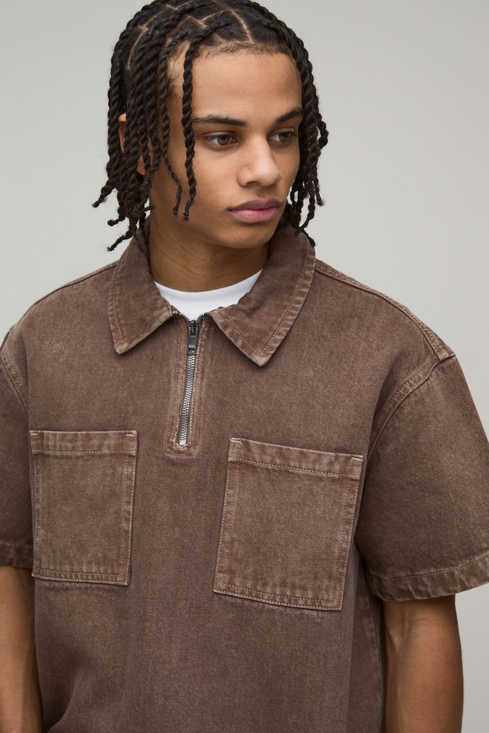 Boxy Fit Tinted Washed 1/4 Zip Denim Shirt - Image 3