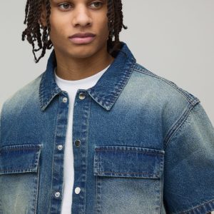 Boxy Fit Washed Pocket Detail Denim Shirt