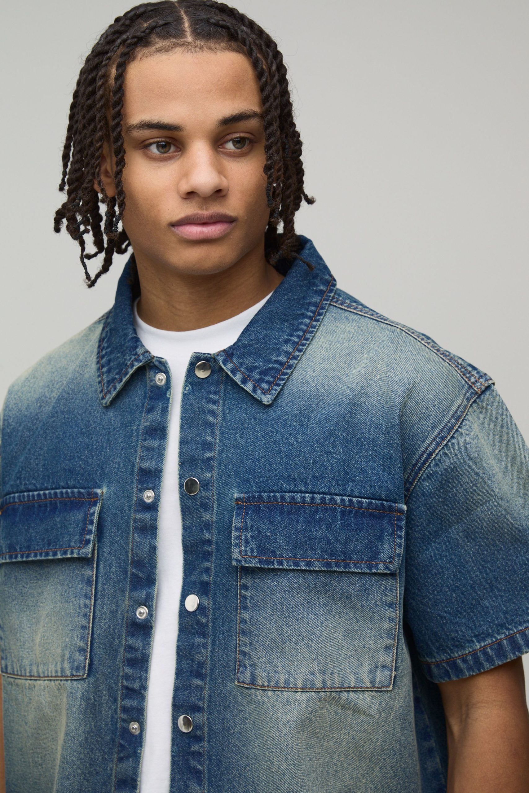 Boxy Fit Washed Pocket Detail Denim Shirt