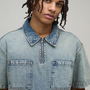 Boxy Fit Washed 1/4 Zip Denim Shirt