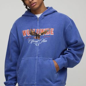 Navy Oversized Boxy Zip Through Eagle Washed Printed Hoodie